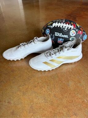 adidas White and Gold Turf Soccer Shoes